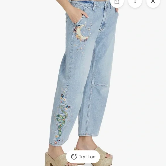 DRIFTWOOD Light Blue Hallucination Barbara barrel Embroidered  Jeans - Picture 3 of 16